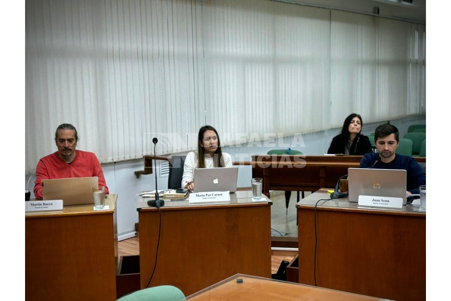 Mart&iacute;n Racca, Paz Caruso y Juan Senn,  durante la reuni&oacute;n de comisi&oacute;n del lunes, en el que fue presentada la iniciativa de la oposici&oacute;n.