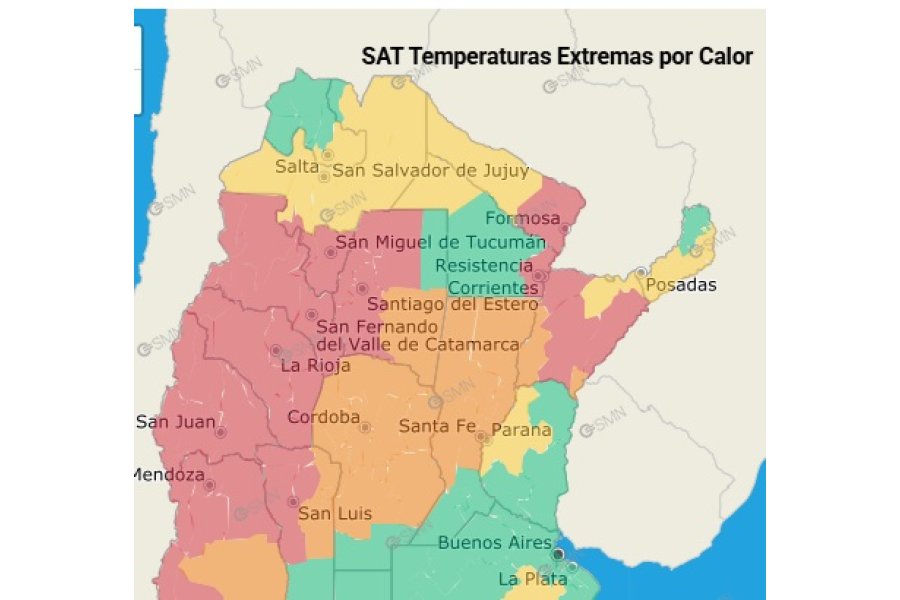 El mapa con el alerta por temperaturas extremas.