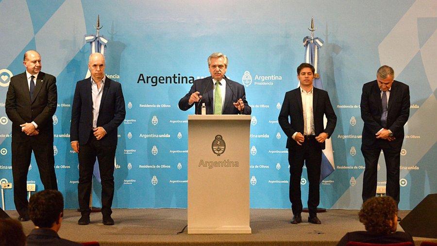 Alberto Fern&aacute;ndez anunci&oacute; el inicio de la cuarentena obligatoria junto a los gobernadores Omar Perotti, Axel Kicillof, Gerardo Morales y el jefe de Gobierno porte&ntilde;o, Horacio Rodr&iacute;guez Larreta. (Foto: Gustavo Gavotti)