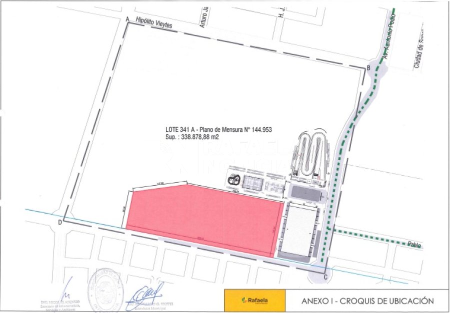 Colorado en rosado, el predio definitivo con que contar&aacute; 9 de Julio. Las l&iacute;neas verdes marcan los tramos a pavimentar de Avda. Podio y calle Comtesse. Y se observan los planos del futuro Vel&oacute;dromo pistas de BMX y skate.