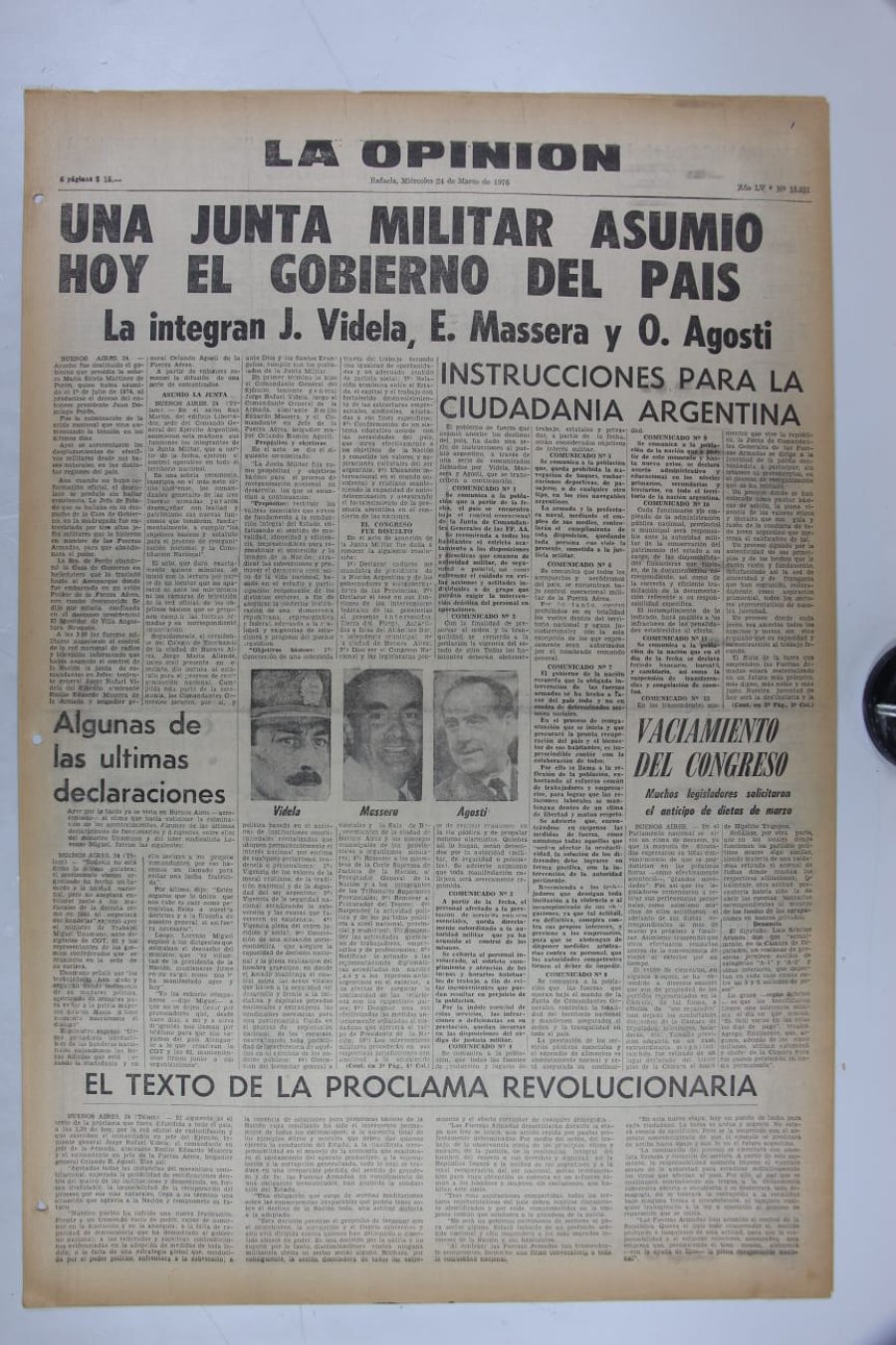 Tapa de La Opinion del 24 de marzo de 1976.